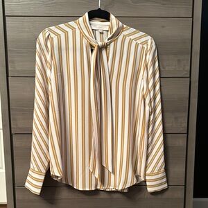 NWOT Women’s LOFT Striped Blouse with Tie Neck in White and Gold